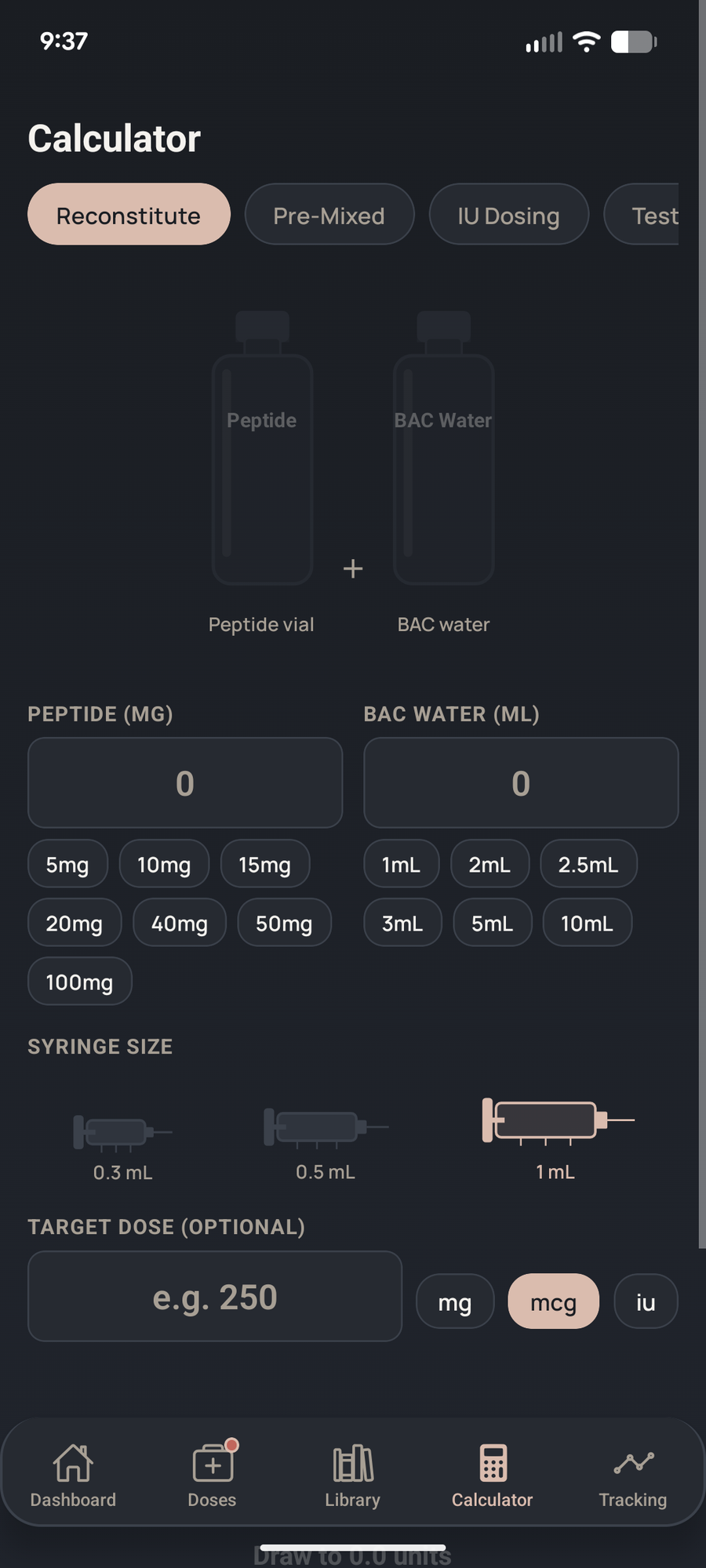 DoseCore reconstitution calculator showing peptide amount, BAC water, syringe size, and target dose