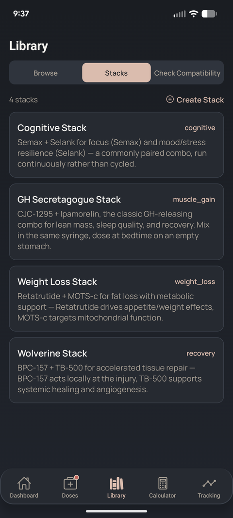 DoseCore Library showing curated peptide stacks and pairings